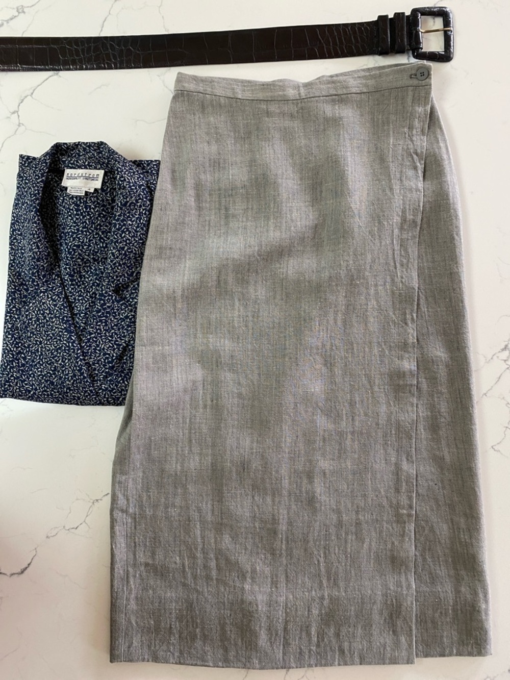 Eileen Fisher Light Gray Linen-Blend Wrap Midi Skirt